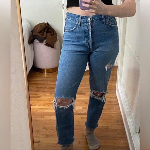 Agolde Denim - AGOLDE feel good blue buttonfly woman distress high rise straight ankle jean 28
